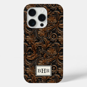 Braunes, getriebenes Leder mit Monogramm im Vintag Case-Mate iPhone Hülle