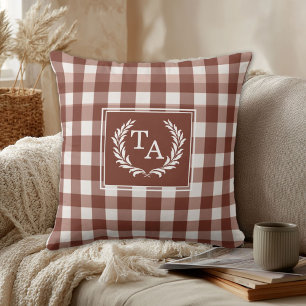 Braunes Gingham-Monogrammwappen Kissen