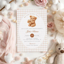 Braunes Gingham-Teddybär Neutrale Babyparty-Papier