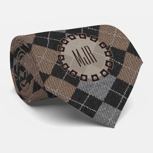 Braunes Grau-Schwarz-Raute-Muster Mit Monogramm Krawatte (Gerollt)