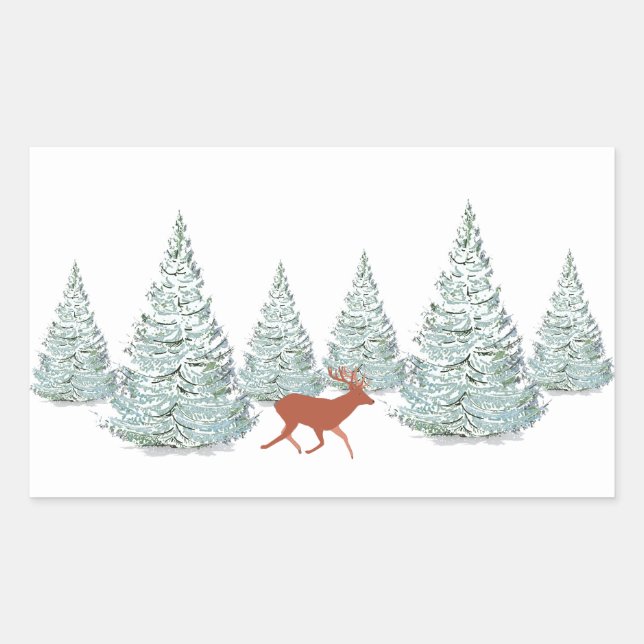 Braunes Hirsch unter schneebedeckten Spruce Trees Rechteckiger Aufkleber (Vorderseite)