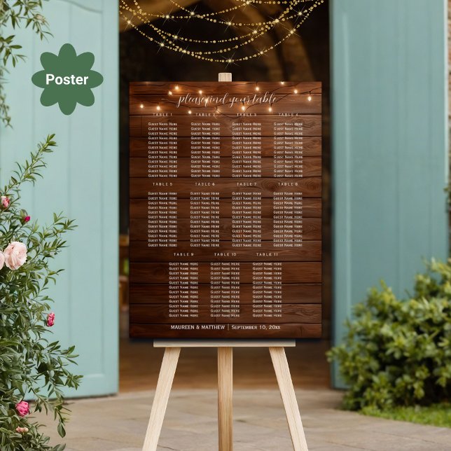 Braunes Holz String Lights 11 Tische Hochzeitssitz Poster (Von Creator hochgeladen)