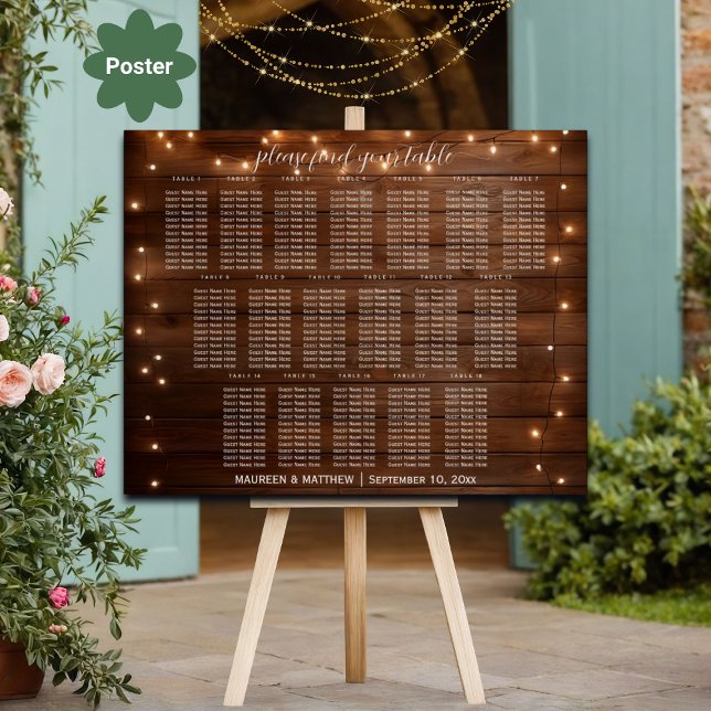 Braunes Holz String Lights 18 Tische Hochzeitssitz Poster (Von Creator hochgeladen)