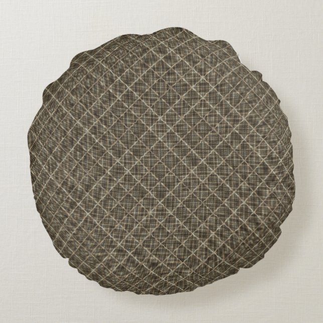 Braunes, kariertes Quadrat mit pixeligen Punkten Rundes Kissen (Rückseite)
