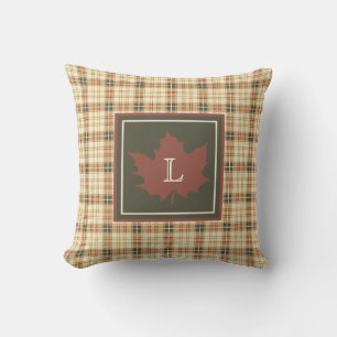 Braunes Karomuster Herbst-Ahornblatt-Monogramm Kissen