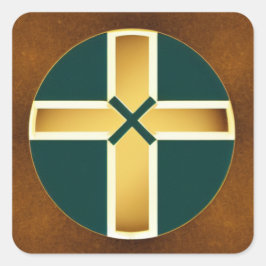 Braunes Kreuz mit Aquamarinen Hintergrundklebern Quadratischer Aufkleber