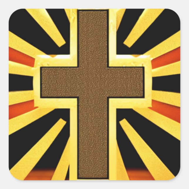 Braunes Kreuz mit Rays Background Quadratischer Aufkleber (Vorderseite)