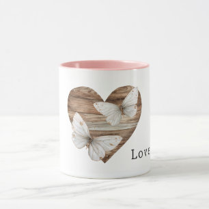 Braunes Kunstholz-Herz weiße Schmetterlinge Liebe Tasse