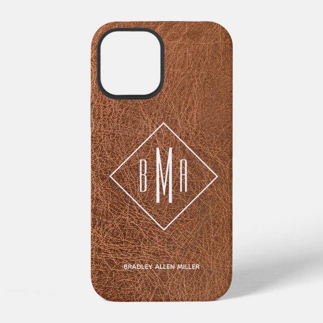 Braunes Kunstleder mit Monogramm iPhone 12 Hülle (Rückseite)