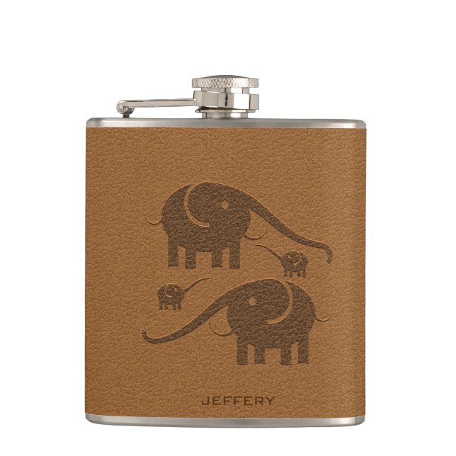 Braunes Leder aussehen Elephant Illustration Flachmann (Vorderseite)