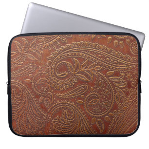 Braunes Leder, gearbeitete Blumenmuster. Laptopschutzhülle