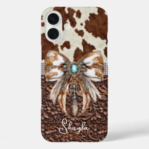 Braunes Leder-Kuhleder-Juwelen-Bogen-Monogramm iPhone 16 Plus Hülle