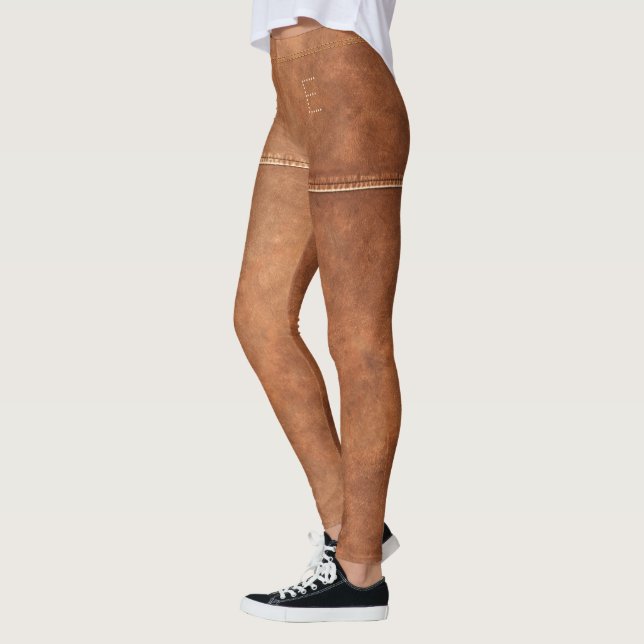 Braunes Leder mit Naht-Chic-Monogramm Personalisie Leggings (Links)