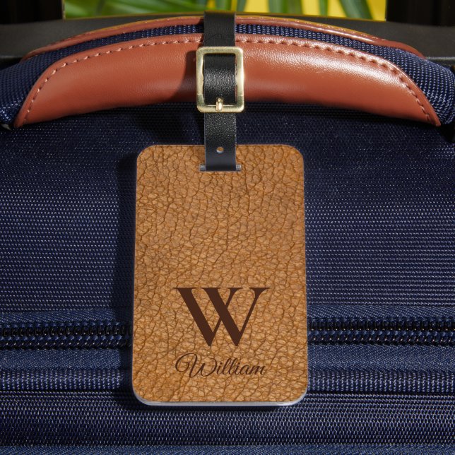 Braunes Leder Textur Mit Monogramm Name Gepäckstüc Gepäckanhänger (Vorderseite Insitu 2)