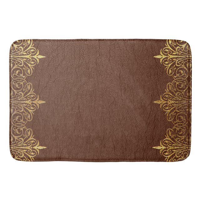 Braunes Leder Textur Print Gold Border Badematte (Vorderseite)