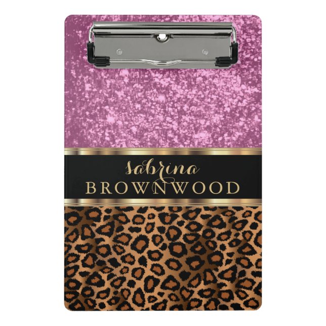 Braunes Leopard-Skin-Muster und rosa Glitzer Mini Klemmbrett (Vorderseite)
