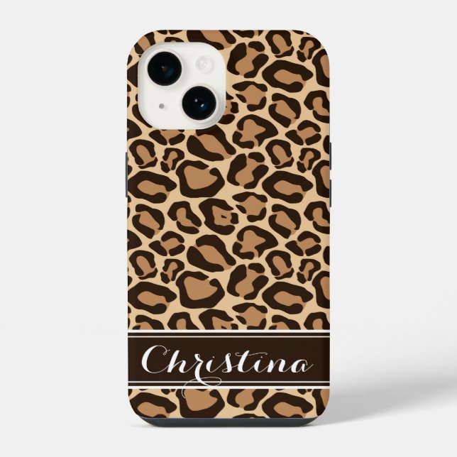 Braunes Leopardenmuster-Monogramm iPhone Hülle (Rückseite)