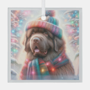 Braunes Neufundland im Winter Beanie Portrait Ornament Aus Glas