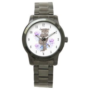Braunes Owl Purple Blumen  Armbanduhr