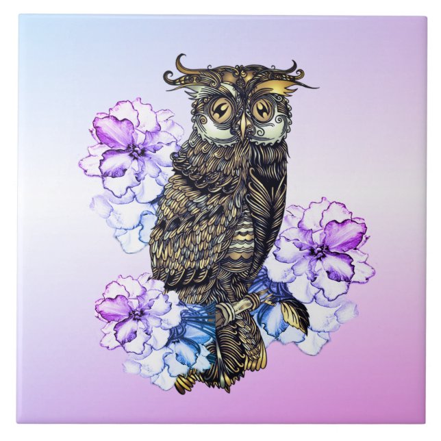 Braunes Owl Purple Blumen Fliese (Vorderseite)