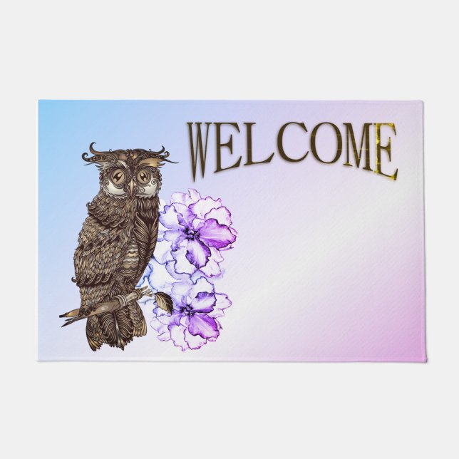 Braunes Owl Purple Blumen Fußmatte (Vorderseite)