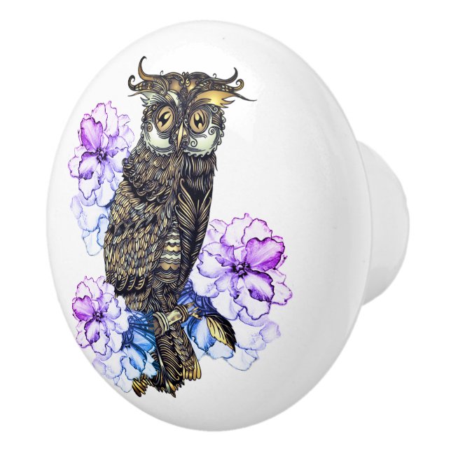 Braunes Owl Purple Blumen Keramikknauf (Rechts)
