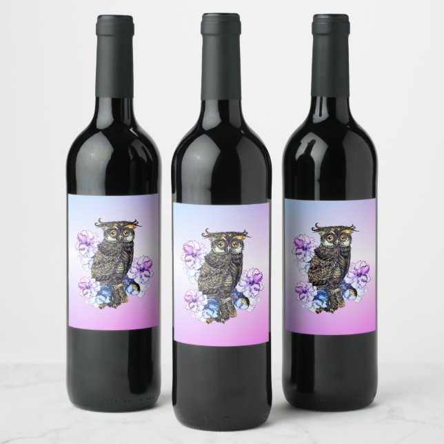 Braunes Owl Purple Blumen Weinetikett (Flaschen)