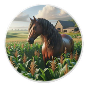 Braunes Pferd auf dem Maisfeld auf dem Bauernhof Keramikknauf