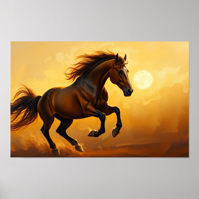 Braunes Pferd galoppiert, Sonnenuntergangshimmel,  Poster (Vorne)