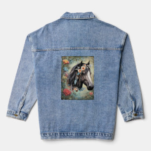 Braunes Pferd in Blumen. Jeansjacke