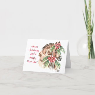 Braunes Pferd mit Poinsettia auf Schwanz und Fahne Feiertagskarte