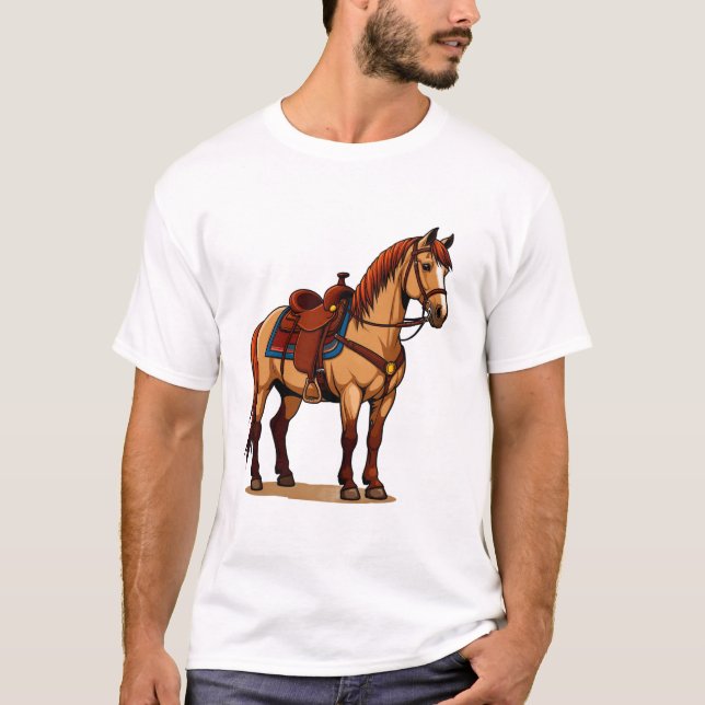 Braunes Pferd mit Sattel T-Shirt (Vorderseite)