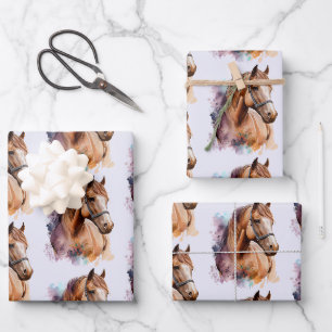 Braunes Pferdekopfporträt im Aquarellmuster Geschenkpapier Set