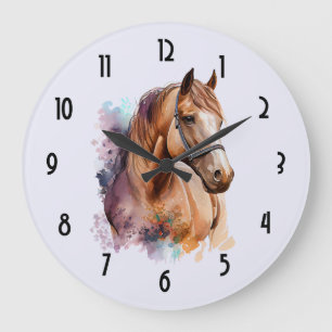 Braunes Pferdekopfporträt in Aquarell Große Wanduhr