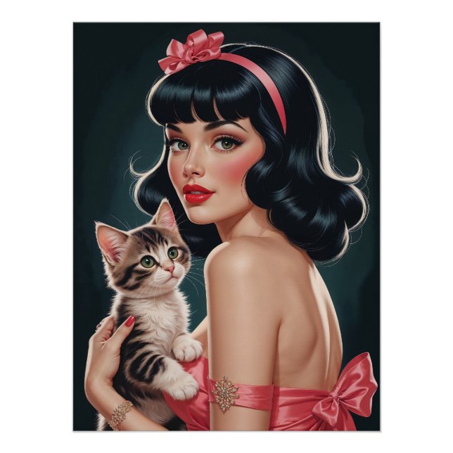 Braunes Pin-Up mit süßem Kätzchen-Porträtposter Poster (Vorderseite)