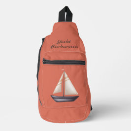 Braunes Segelboot und Name auf Rot Crossbody Bag