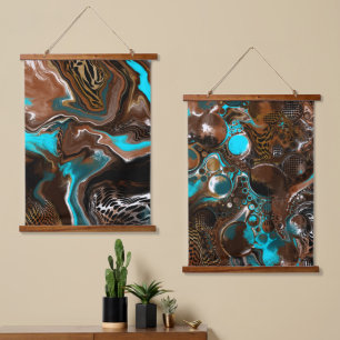 Braunes und blaues digitales Fluid Art Hangband Wandteppich Mit Holzrahmen