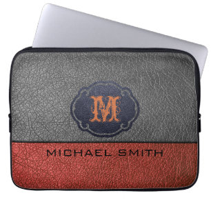 Braunes und schwarzes Leder. Custom Monogram Laptopschutzhülle
