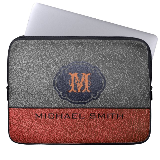 Braunes und schwarzes Leder. Custom Monogram Laptopschutzhülle (Vorderseite)