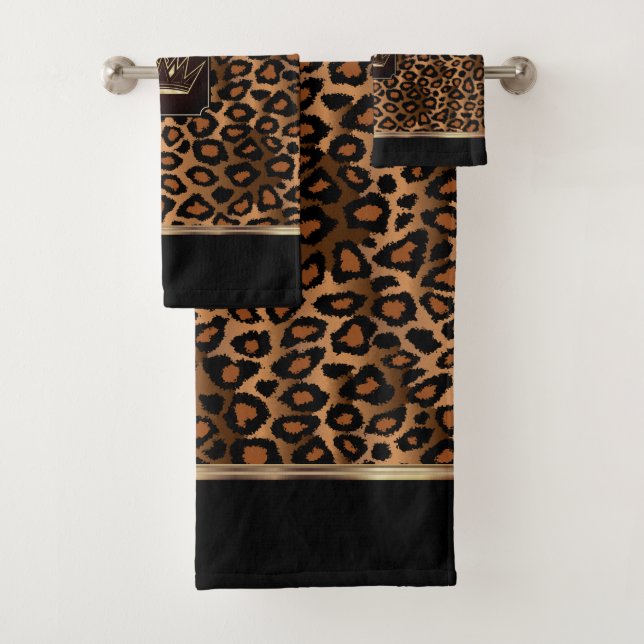 Braunes und schwarzes Leopardenmuster mit Krone Badhandtuch Set (Insitu)
