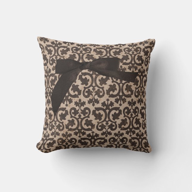 Braunes und Tan Damask Kissen mit Ribbon (Vorderseite)