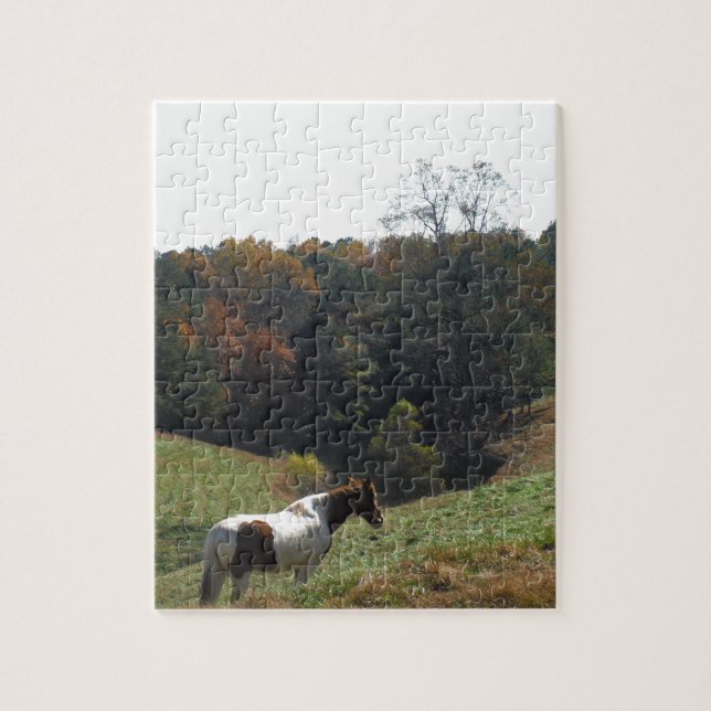 Braunes und weißes Pferd im Herbstteich (Vertikal)