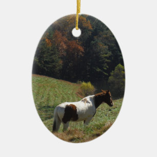 Braunes und weißes Pferd im Herbstteich Keramik Ornament