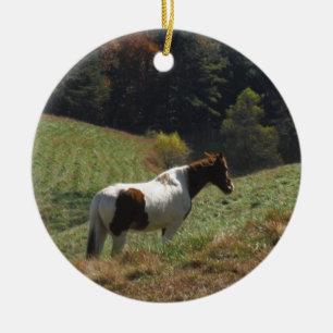 Braunes und weißes Pferd im Herbstteich Keramik Ornament