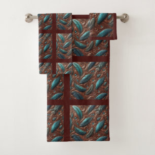Braunes Werkzeug-Faux-Leder und Teal-Federn Badhandtuch Set