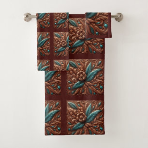 Braunes Werkzeug-Faux-Leder und Teal-Federn Badhandtuch Set