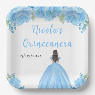 Braunhaar Prinzessin Blaue Florale Quinceanera Pappteller