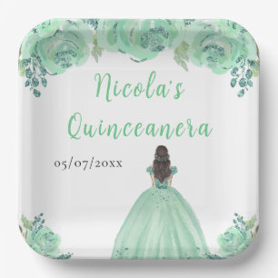 Braunhaar Prinzessin Mint Blumen Quinceanera Pappteller