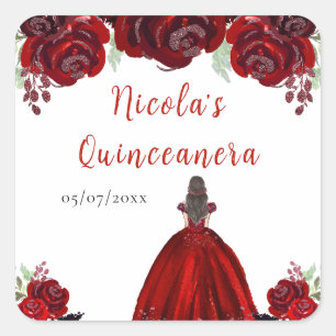 Braunhaar Prinzessin Rote Florale Quinceanera Quadratischer Aufkleber