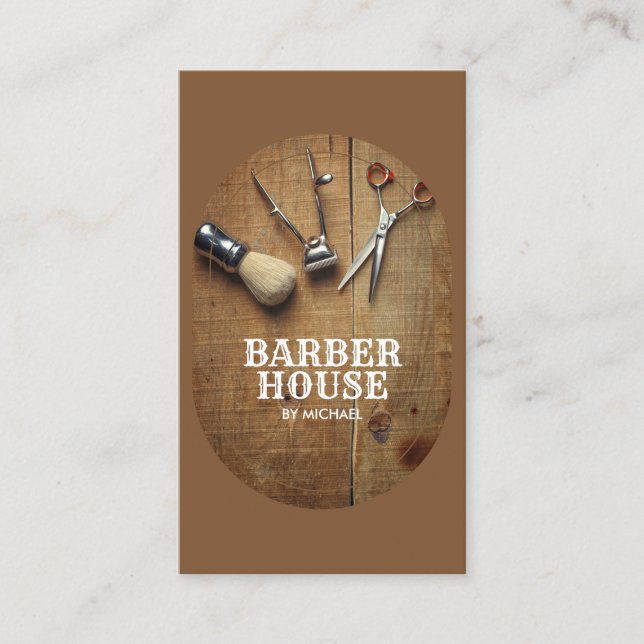 Braunhaar-Stylistin Rustikales Holz BarberShop Visitenkarte (Vorderseite)
